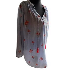 Violet Sky Flamingo Embroidered Tunic Blouse Small Blue White Stripe Cotton Boho
